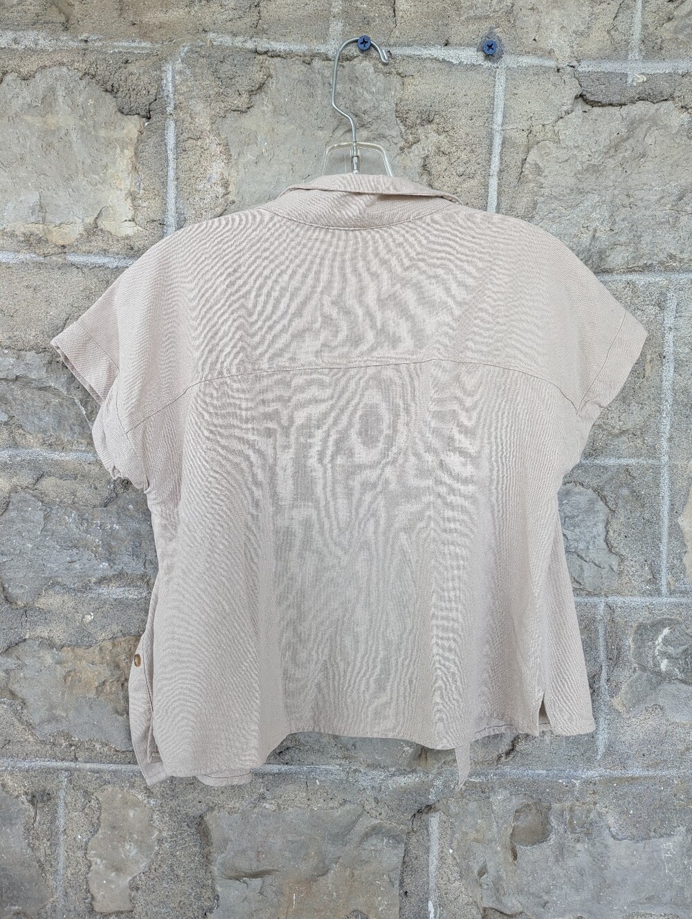 Linen/Viscose Blend Light Beige Short-Sleeve Women's Short Button-Up Shirt - Picture 2 of 4